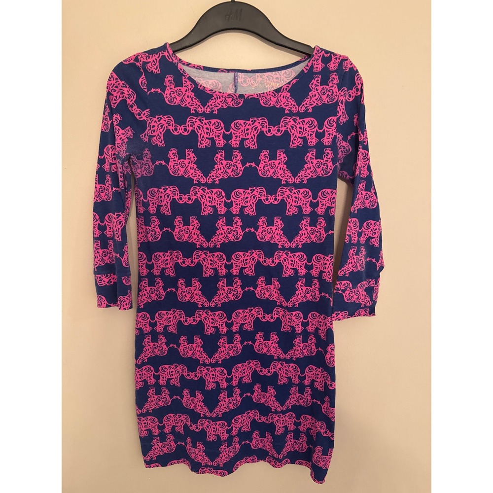 Lilly Pulitzer Navy Pink Elephant Print Pima Cotton 3/4 Sleeve Dress XS